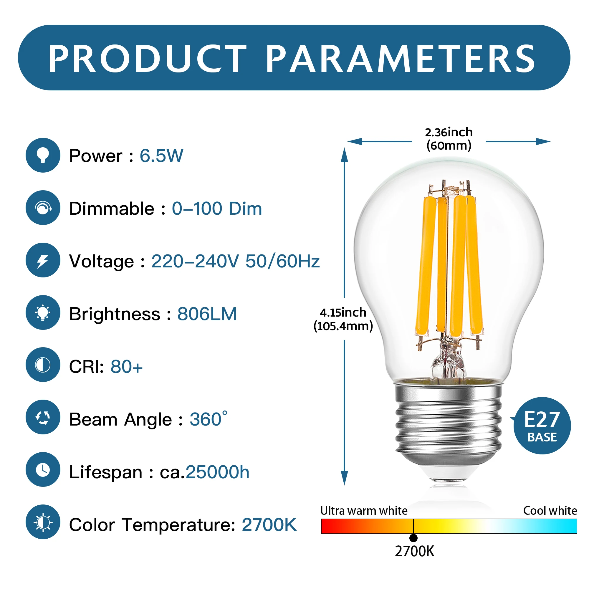 6PCS Dimmable Led Filament Bulb G45 High Lumens 806lm Edison Globe Lamp 6.5W E27 2700K Warm White Incandescent Replacement Lamps