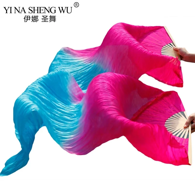 Seda Real/seda de imitación hecha a mano teñida abanicos de danza del vientre de alta calidad 1 par abanicos de danza del vientre colores degradados abanicos largos de baile