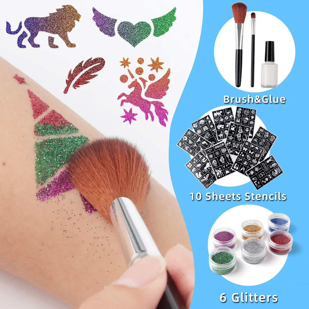 かわいいグリッタータトゥーキット メイクアップパーティー用 DIY 一時的なメタリックフェイクタトゥー+パーティー記念品用の大きなステンシルセット ギフト