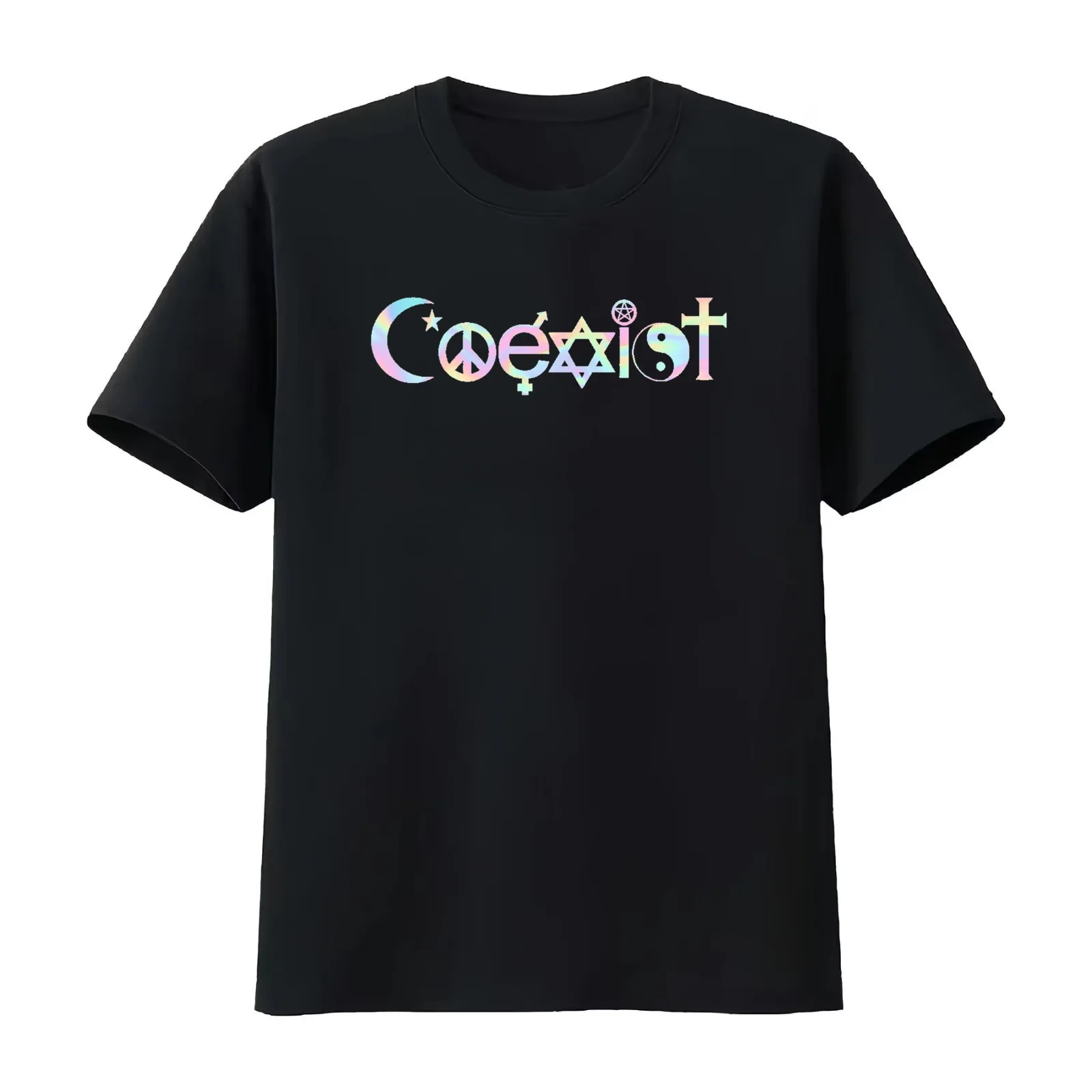 Coexist - Trippy Rainbow T-Shirt Summer Casual Cotton Tee Oversized Streetwear Tops Vintage Graphic Print Unisex Men Women