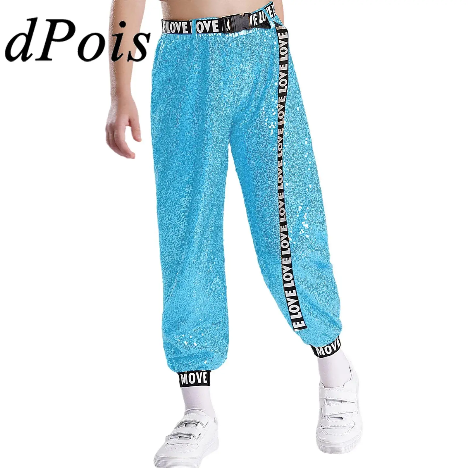 Kids Girls Street Dance Pants Sparkly Sequins Trouser with Letter Print Belt Hip Hop Jazz Dance Stage Performance Costumes