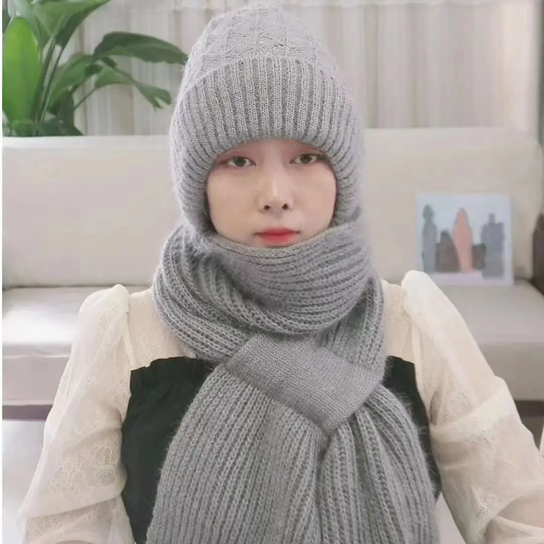 Women's Soft Fluffy Warm Hooded Beanie Winter Knit Hat with Scarf Set 2-in-1 Fashionable Head Neck Warmer for Cold Weather