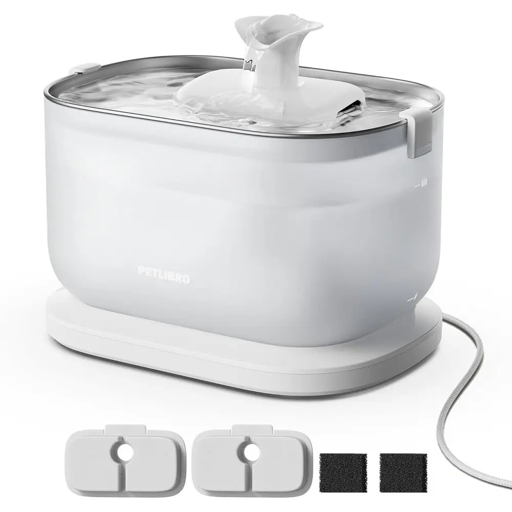 

Автоматическая поилка для кошек, напольная поилка для кошек с поддоном из нержавеющей стали, 2,5 л/84 унции, беспроводной насос, диспенсер для воды для кошек с двумя низкими уровнями наполнения