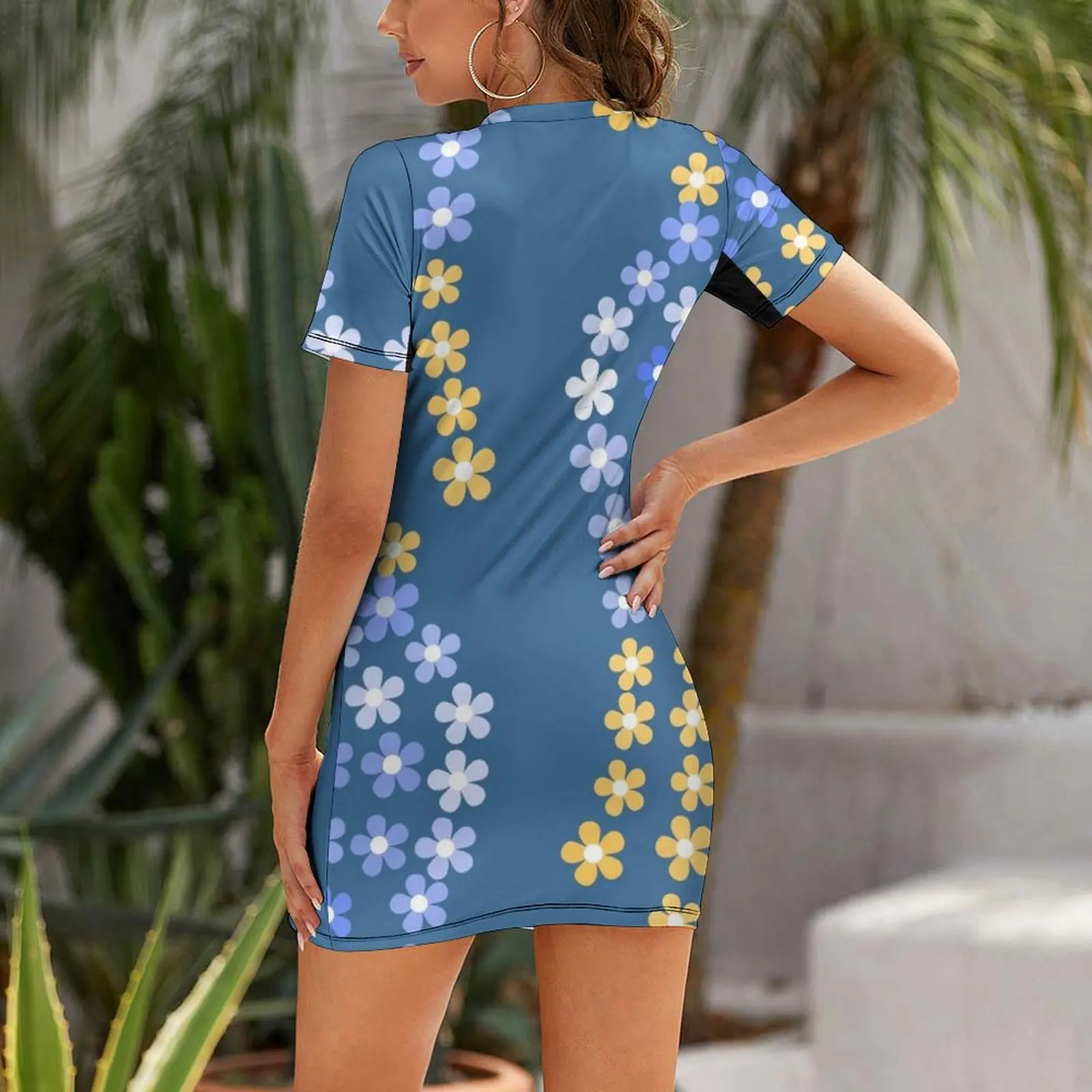 Yellow-Blue Flower Top T-Shirt Short Sleeved Dress elegant women's sets evening dress ladies