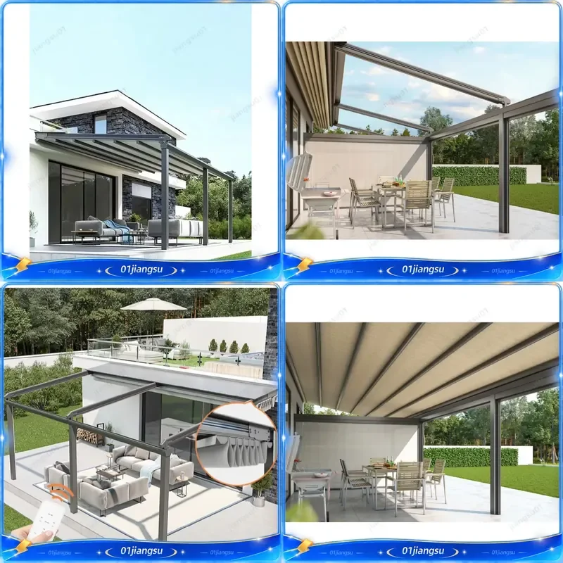 Modern Motorized Folding Canopy Pergola Aluminum Frame LED Light Outdoor Sun Shade Retractable Roof Awning Gazebo for Patio