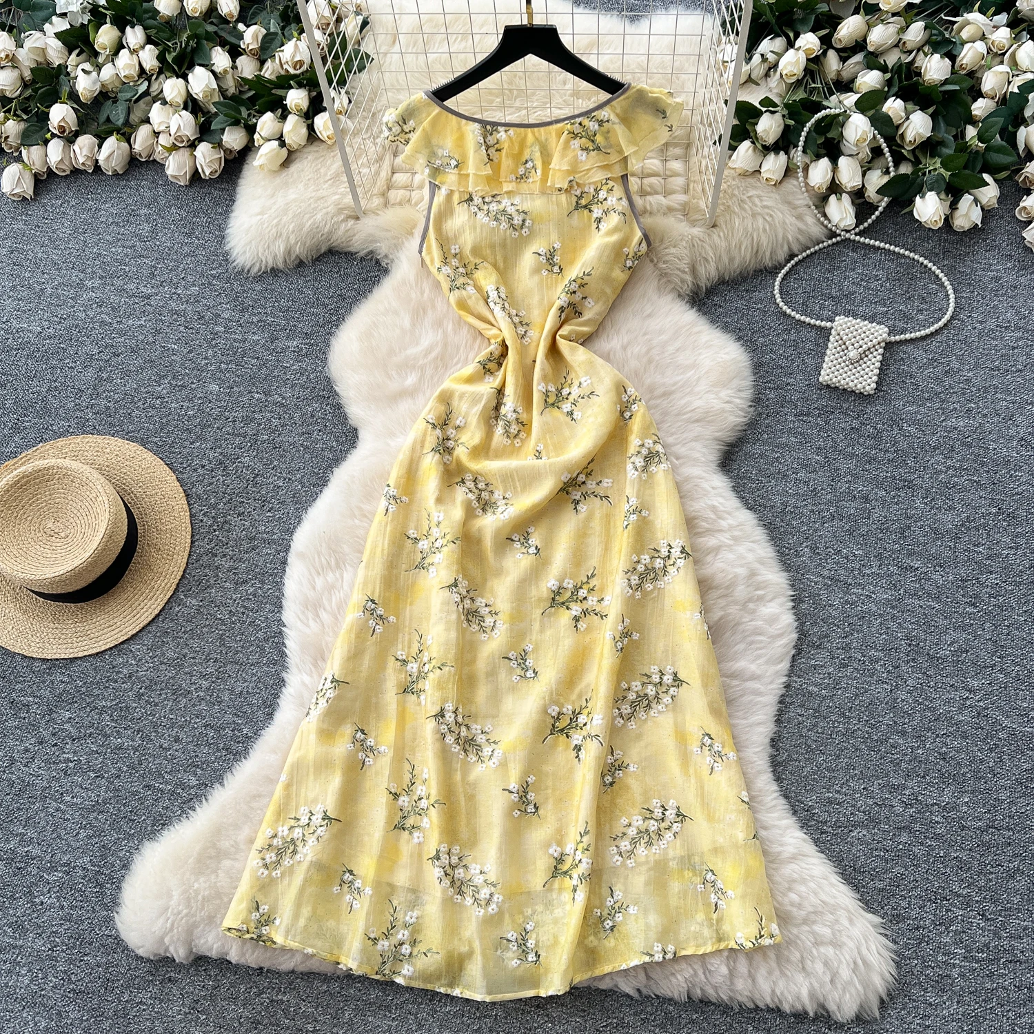 Chic vintage Sexy imprimé sans manches mince élégant fée mode coréenne Boho robe d'été plage femmes vêtements robe