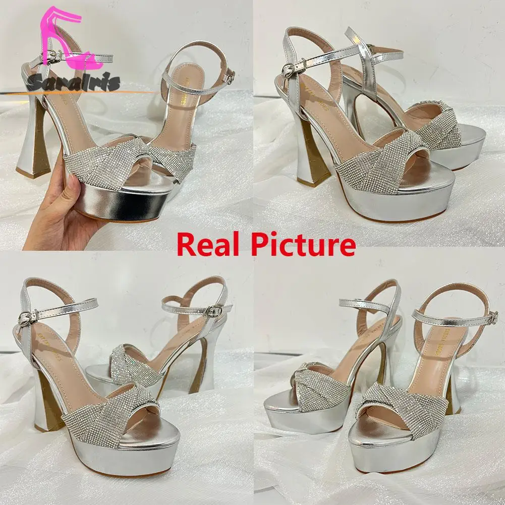Shiny Ankle Buckle Women Sandals Summer 2023 Hot Fashion Thick High Heels Elegant Shoes Banquet Party Rhinestones Lady Sandals