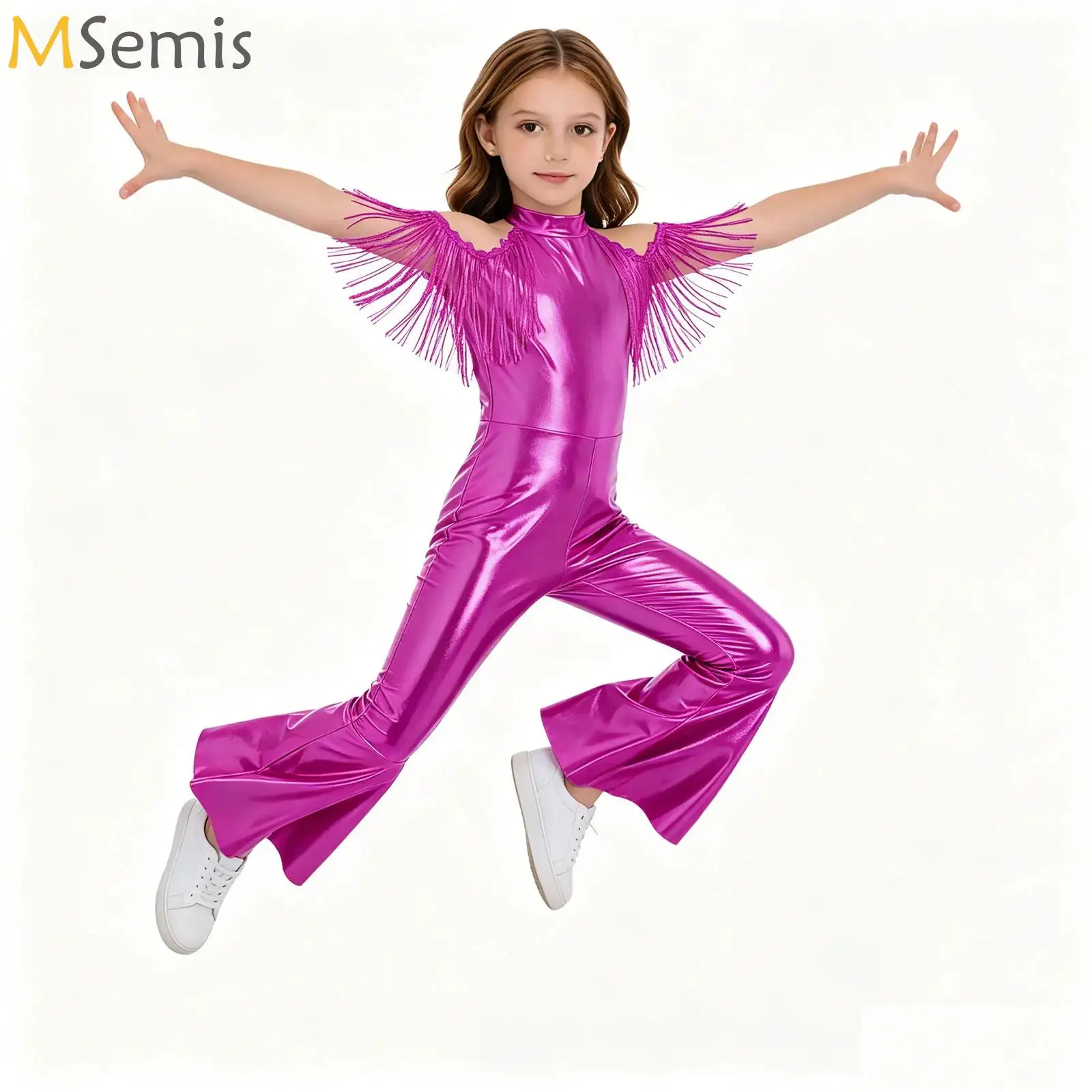 

Kids Girls Vintage 70s 80s Disco Dance Jumpsuit Tassels Cold Shoulder Hippie Bell Bottom Bodysuit Metallic Shiny Jazz Rompers