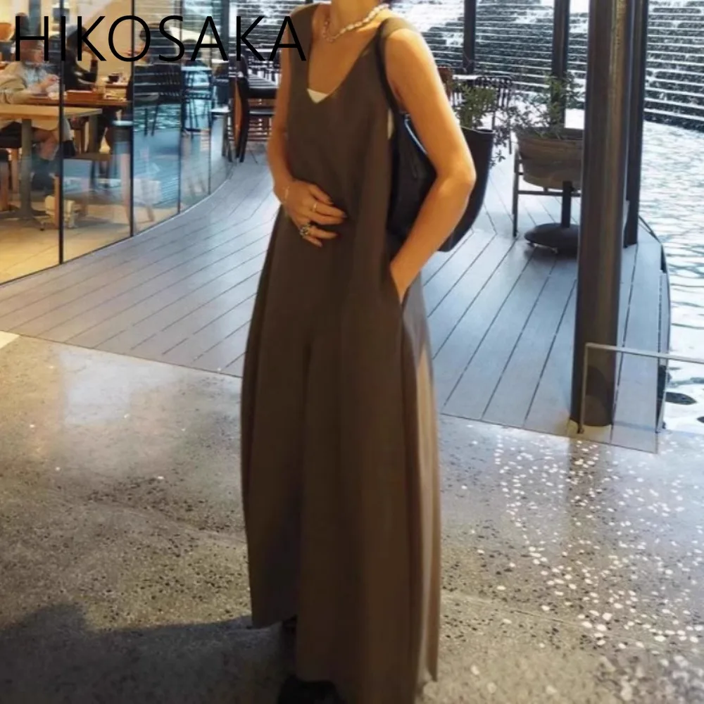 

V-neck Sleeveless Romper Japan Style Office Lady Simple Loose Wide Leg Pants Spring Summer All-match Fashion Jumpsuits Women