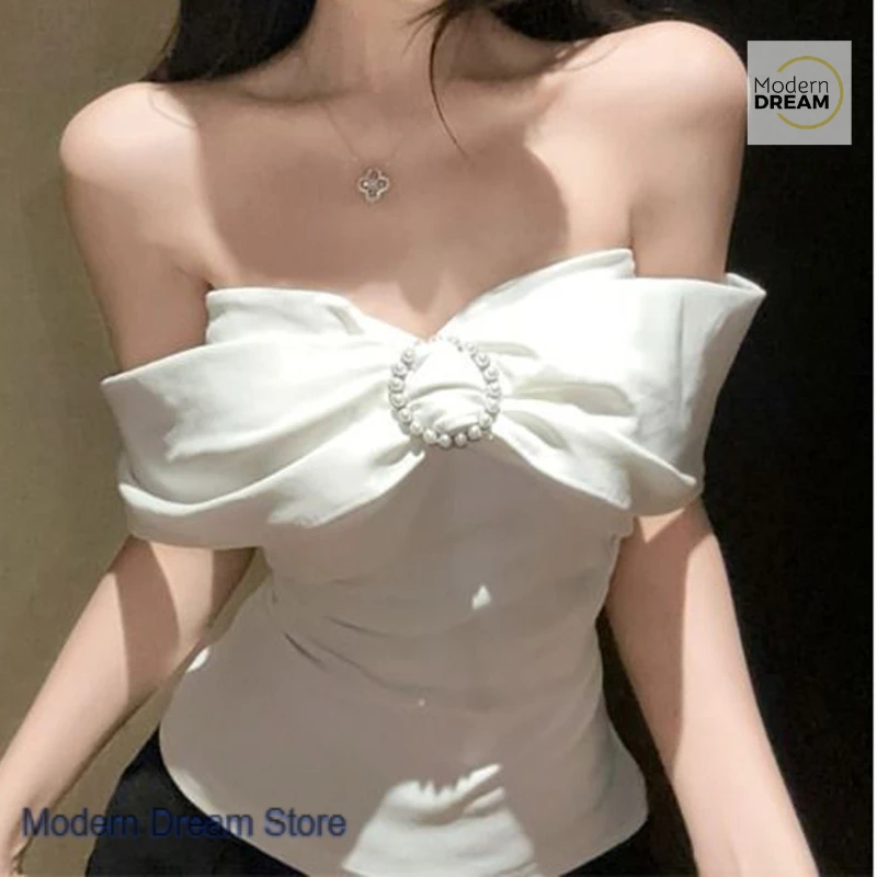 

French temperament high sense white strapless tube top women's summer new pure desire hot girl sexy one-shoulder slim shirt