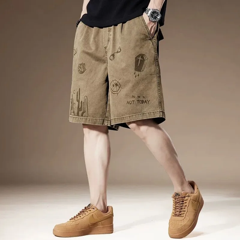 

Summer New Fashion Trend Pure Cotton Printed Retro Workwear Shorts Men's Casual Loose Sports High-Quality Plus Size Shorts