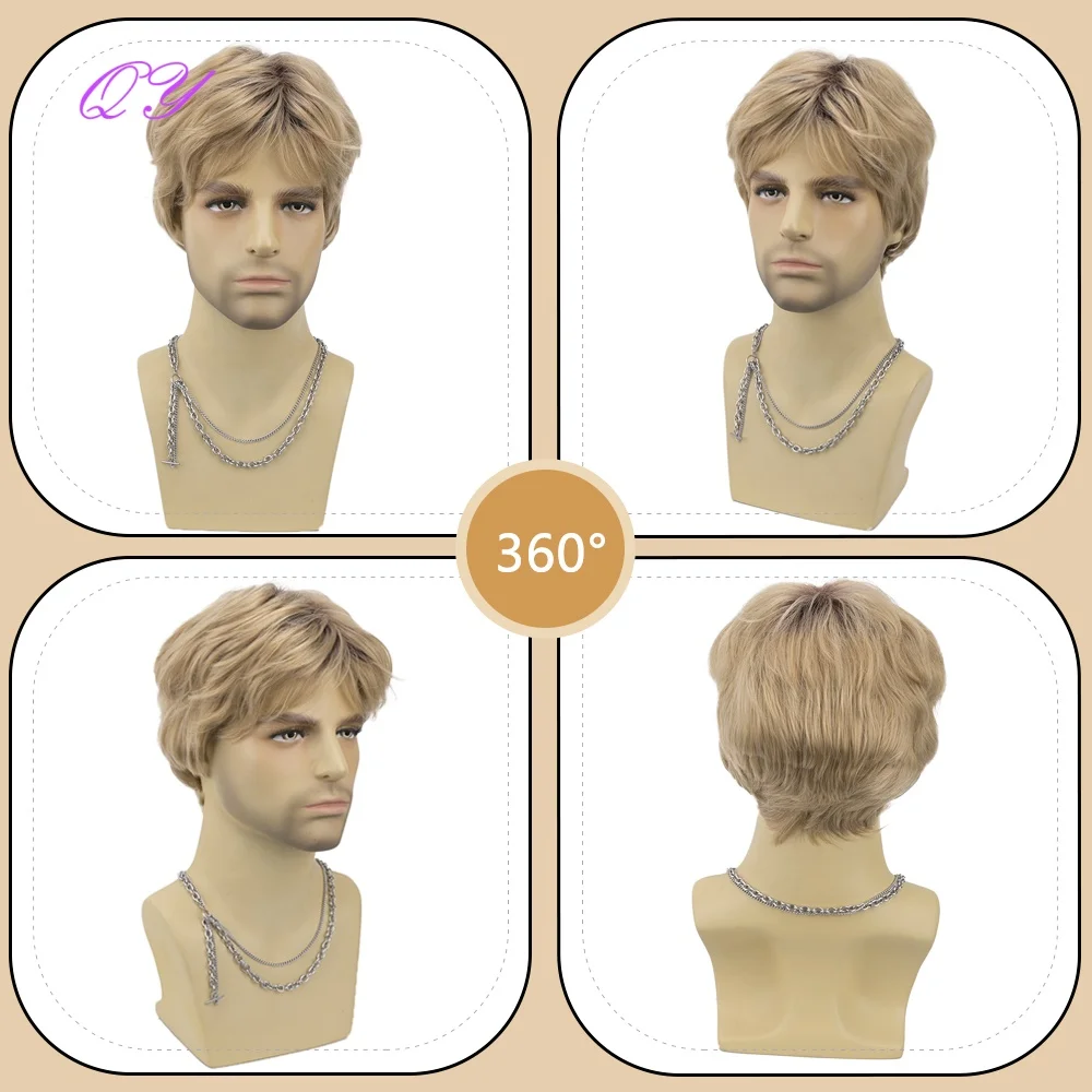 Synthetic Blonde Men's Wig with Gradient Roots Short Layered Cut Style Natural-Looking Fringe Design For Daily Party Cosplay use
