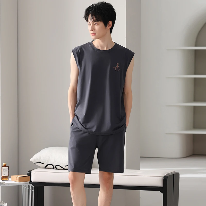 

Big Size M-4XL Men Pajamas Set Summer Knited Cotton Solid Vest Pijama Male Casual Sleeveless Sleepwear