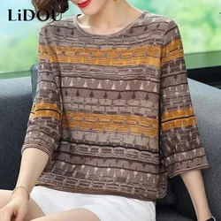 Summer Autumn Vintage Elegant Fashion Shirt Women Three-quarter Sleeve Patchwork Lady Tops Loose Casual All Match Female Clothes