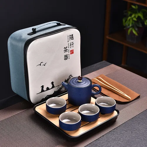 야외용 중국 쿵푸 차 세트, 모래 세라믹 티팟 세트, 캠핑 차 세트 및 케이스 선물, 도자기 보라색 모래 냄비 인퓨저 