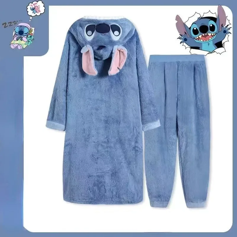 Cute Disney Stitch fashion creative cartoon pattern thickened warm, soft and comfortable flannel hooded pajamas home wear set