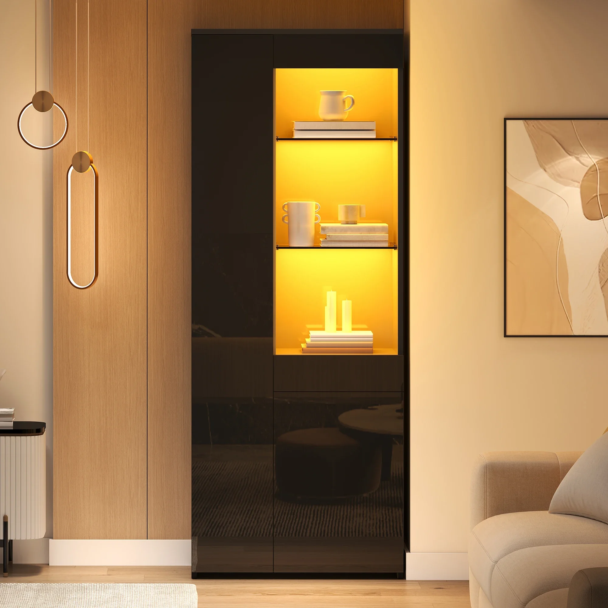 Vitrine noire brillante 70x35x180cm, vitrine en verre avec éclairage LED et contrôle par application, meuble de rangement avec tiroir et portes, capacité de 45kg pour le salon