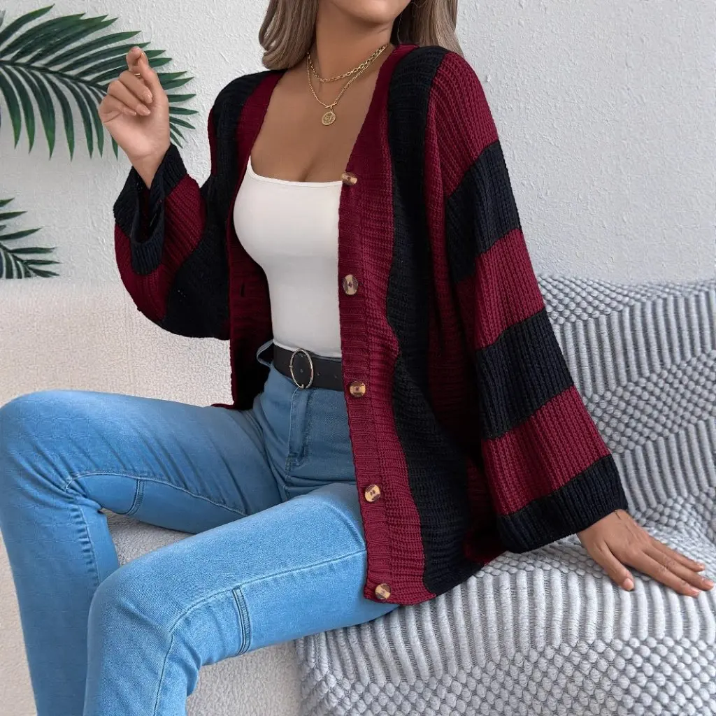 

Women's Bell-Sleeved Cardigan Sweater Mid-Length Autumn Winter Outwear European American Style Contrasting Stripes Design