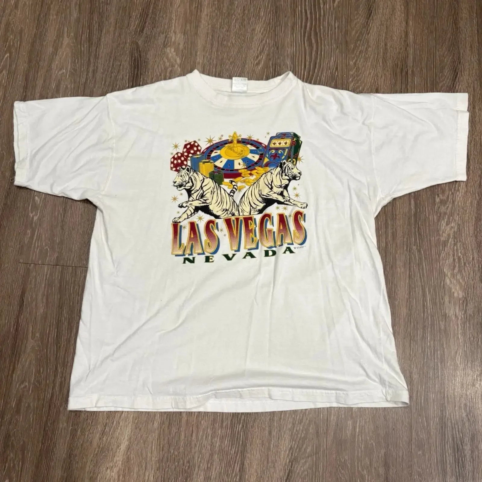 Las Vegas Casino Tiger T Shirt Men's L White Cotton Crew vintage Washed graphic fashion Stretched homme designer clothes Casual