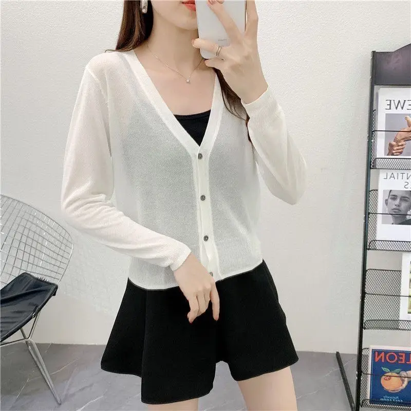 Spring/Summer Ice Linen Knitted Split Sleeve Cardigan Women's Versatile Office Air Conditioning Shirt Fashion Sunscreen Top