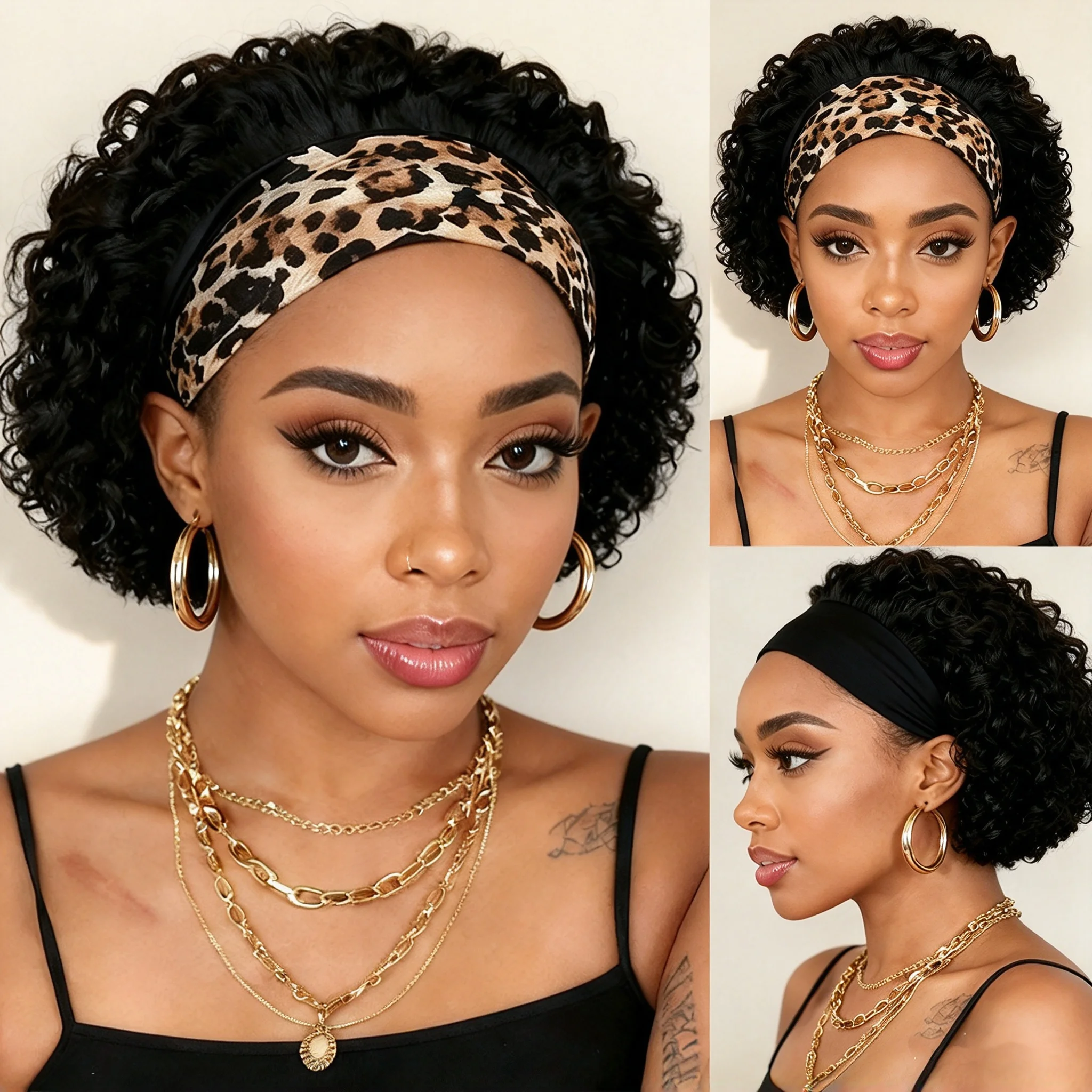 100 Human Hair Headband Wig Kinky Curly Natural Short Fluffy Style Instant Volume For Black Women Beginners Cosplay Halloween