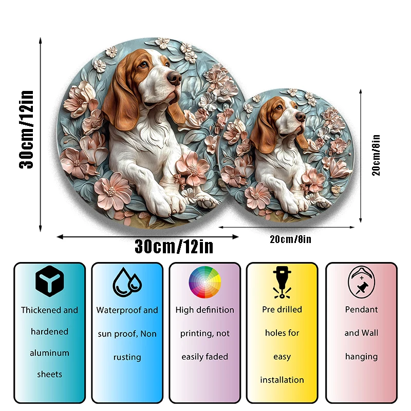 Hiasan hewan peliharaan anjing Basset dapat disesuaikan-lukisan dekoratif aluminium melingkar | Batu nisan suvenir hewan peliharaan unik