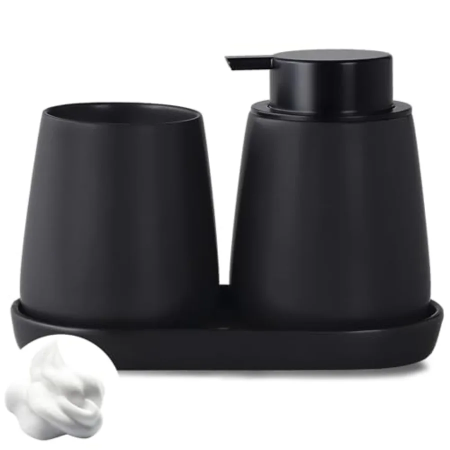 

Matte Black Bathroom Accessory Set - 3pcs Ceramic Soap Dispenser Set for Vanity Countertop Includes Refillable Foaming Hand Soa