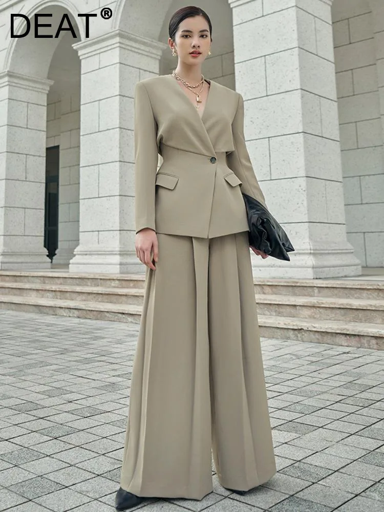 DEAT Elegant Wide Leg Pants Sets Long Sleeve V Neck Blazer Gathered Waist Loose Elegant Office Lady Sets autumn New 2024 15G7152