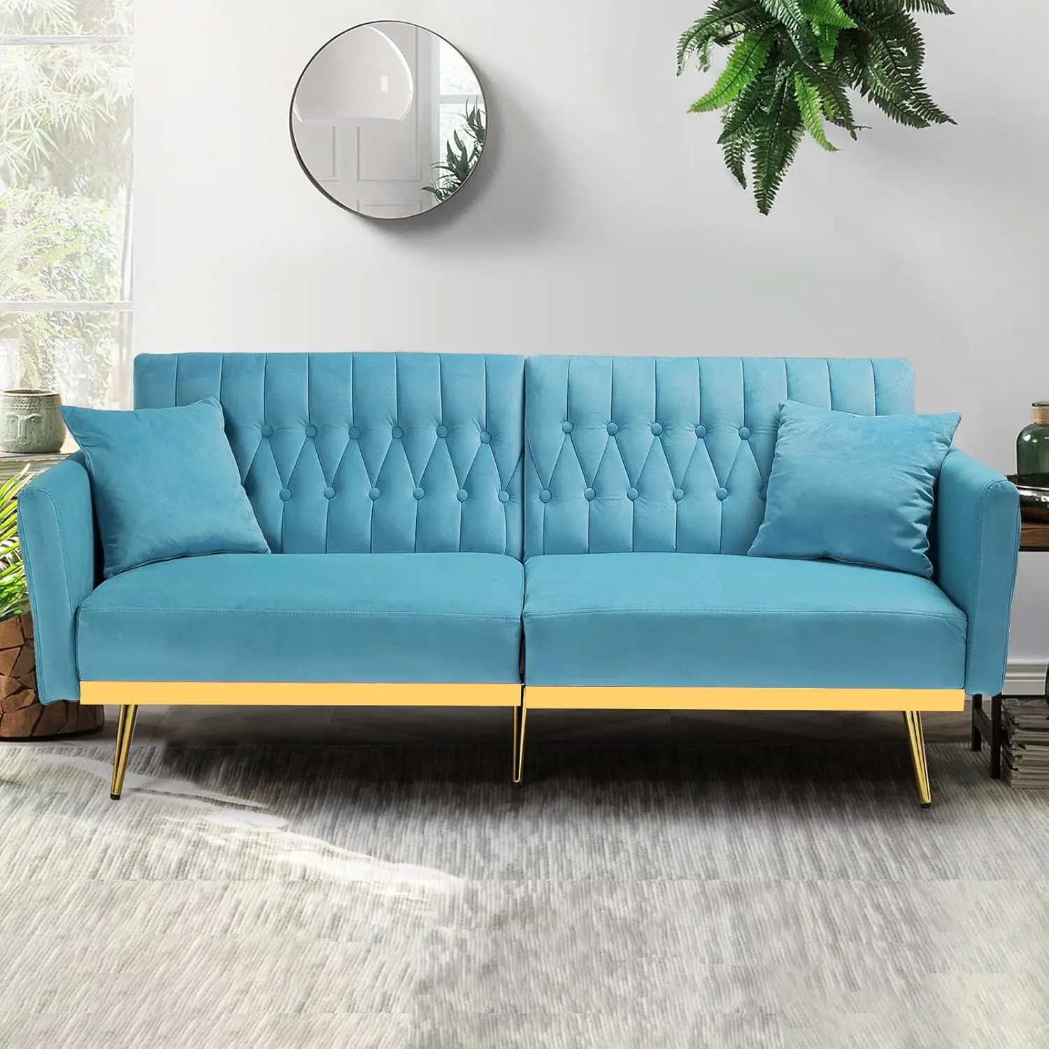 

Velvet Futon Sofa Bed with 2 Pillows and Adjustable Armrests, Convertible Sleeper Bed, Modern Loveseat for Living Room, Bedroom