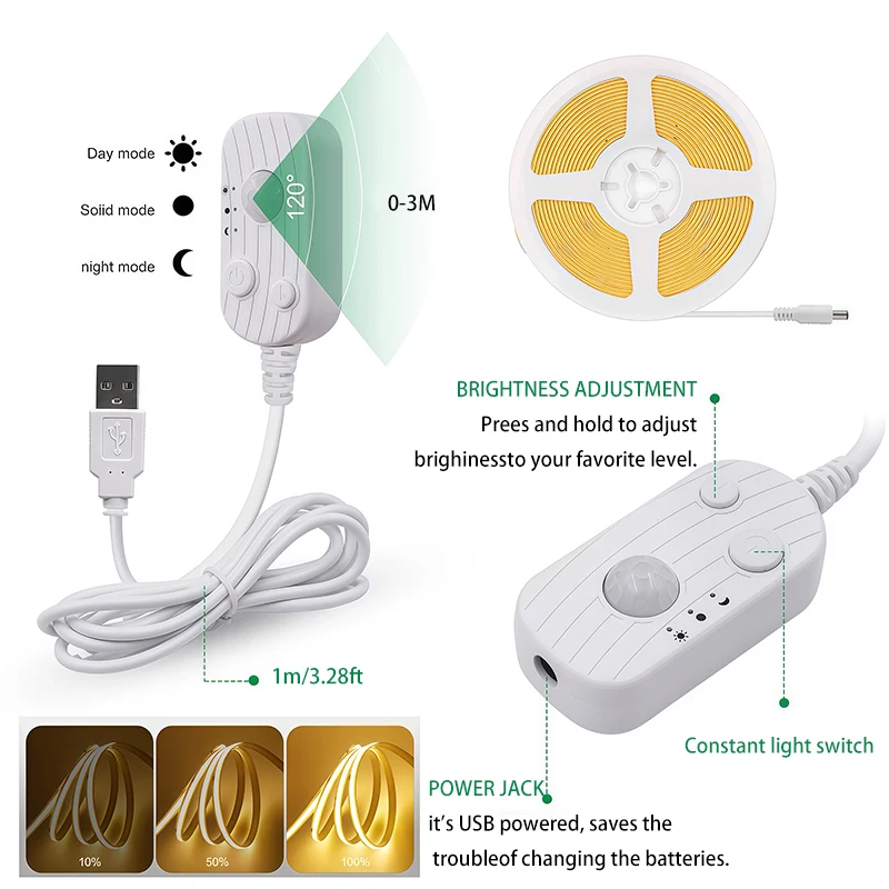 PIR محس حركة COB LED قطاع ضوء تيار مستمر 5 فولت USB بالطاقة مناسبة لخزائن الدرج خزائن المطابخ DIY الخلفية للغرفة #2