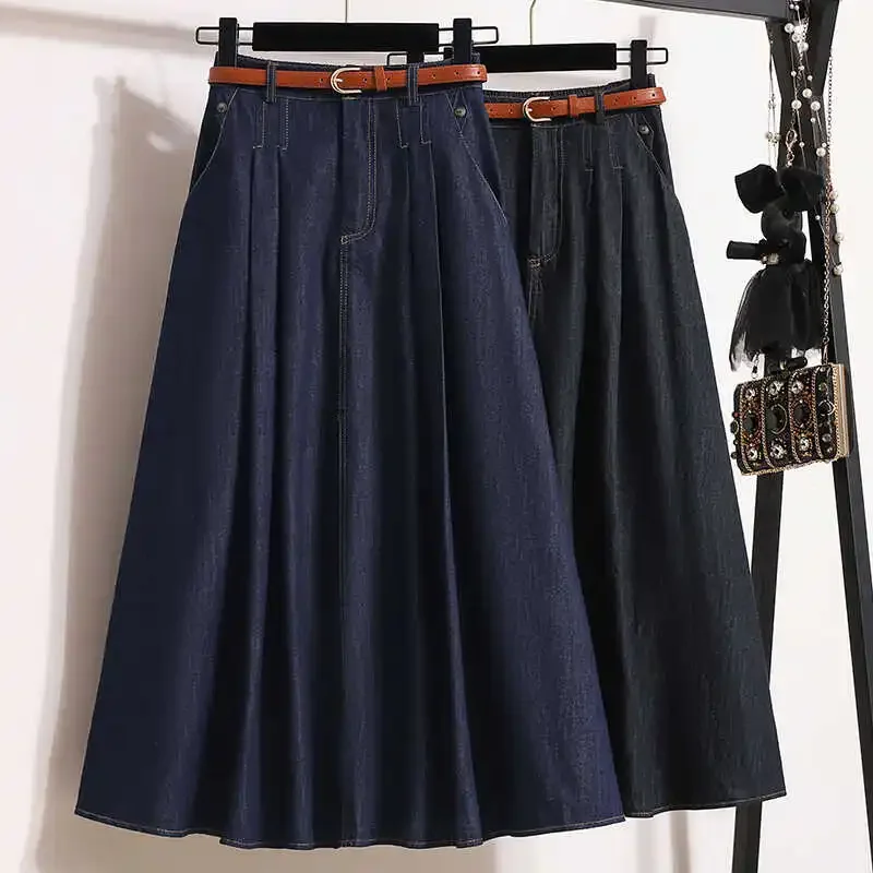 Plus size Women 2025 Autumn New Lyocell Denim Skirt Chubby Girl High Waist Slimming Belly Covering A Word Pleated Umbrella Skirt