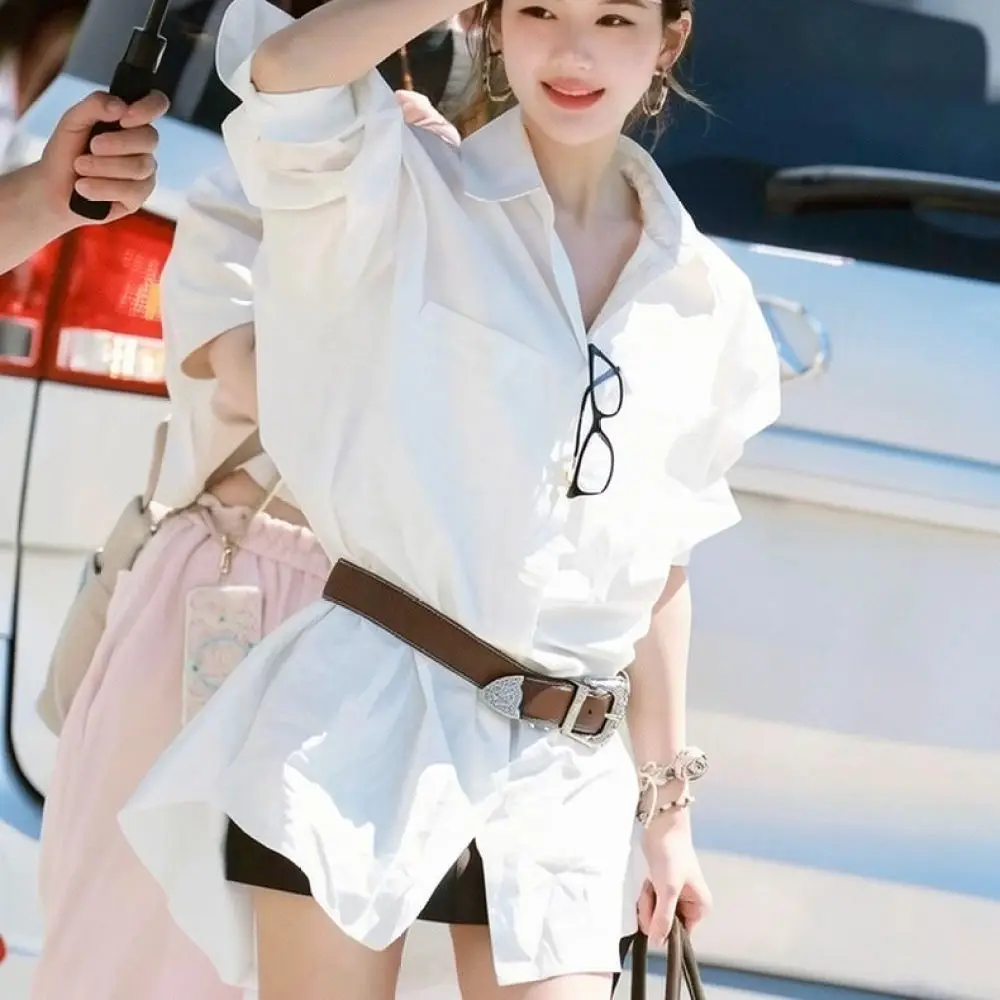 Stylish White Shirt Dress Women Irregular Lapel Long Sleeve Belted Slim Fit Elegant Daily Casual Chic Party Dress