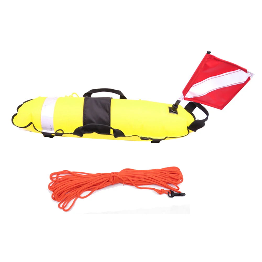 Flotador de señal de boya marcador de superficie de seguridad para buzo de inflado con bandera y cuerda, para buceo libre y snorkel