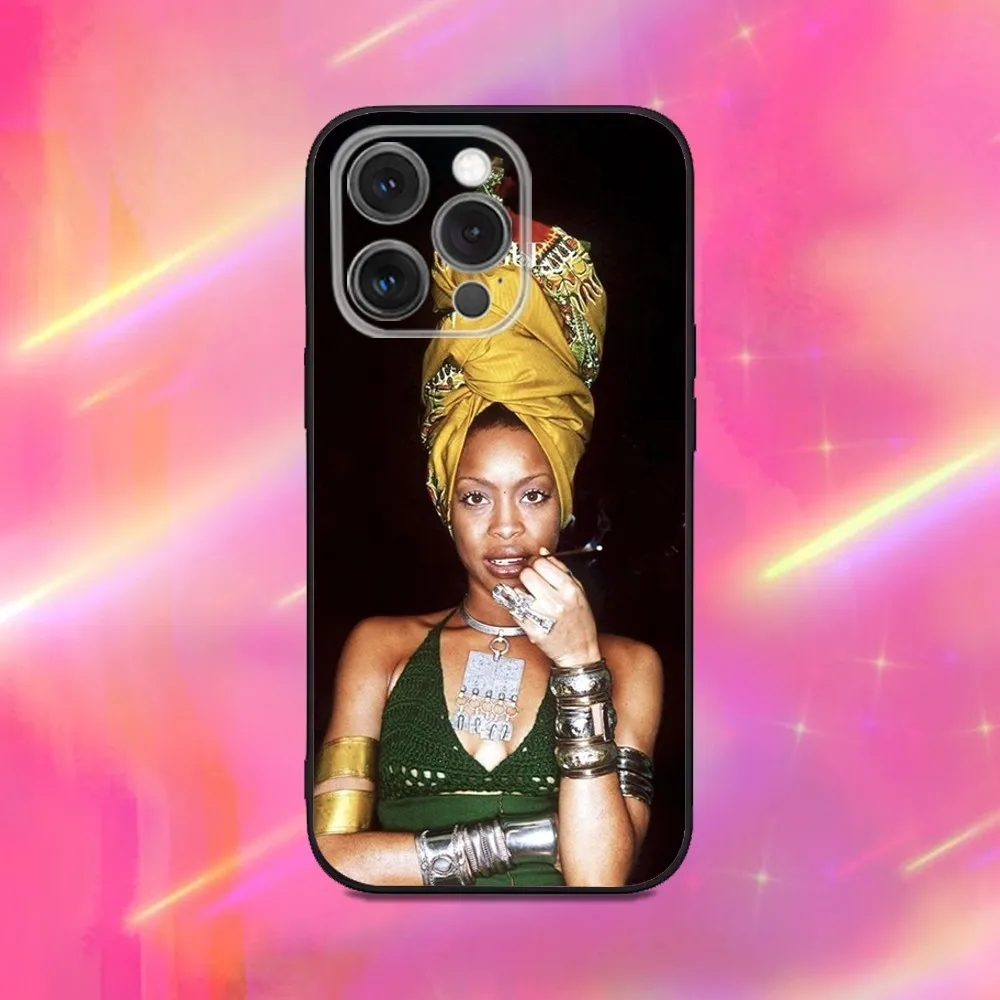 حافظة هاتف E-Erykah Badu Singer لهاتف iPhone 16,15,14,13,12,11,Pro,Max,Plus,X,XS,XR,SE,8,7,Mini,Soft Silicone Black Case