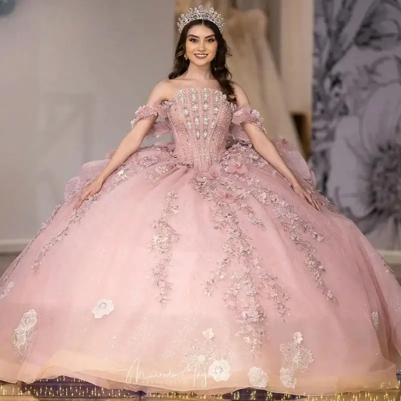 Pink Luxury 3D Floral Lace Quinceanera Dresses Ball Gown Off The Shoulder Crystal Beading Sweet 15 Birthday Party