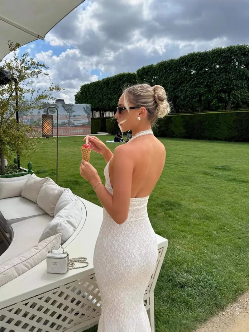 Vestido largo calado con tirantes y cuello colgante, sexy, sin espalda, estilo Retro europeo americano, estético de encaje de verano