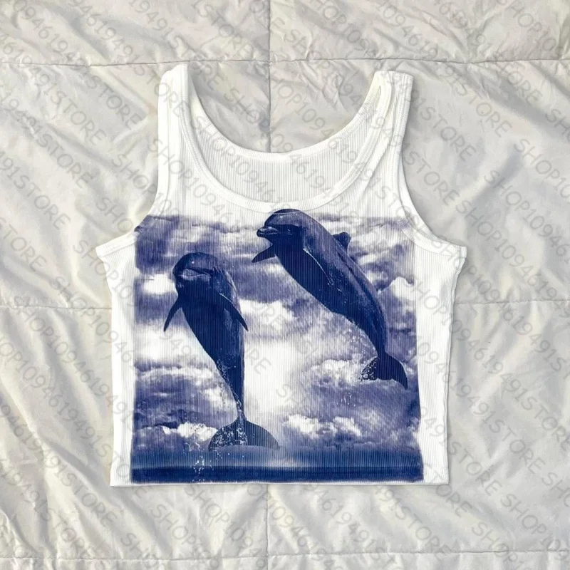 

Y2k Clothes Dolphin Print Streetwear Vintage Graphic Casual Slim-Fit Sleeveless Halter Vest Baby T-Shirt For Women ropa de mujer