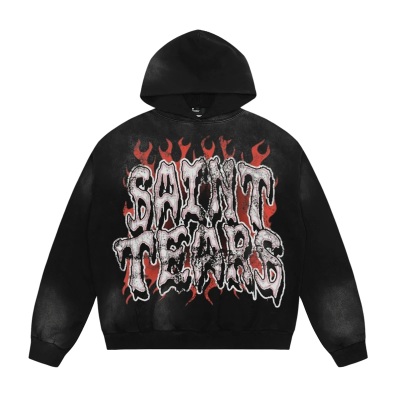 2024 Saint Crewneck Hoodie Abstract Letters Graffiti Washed Black Retro Top Men Women Oversized Pullover