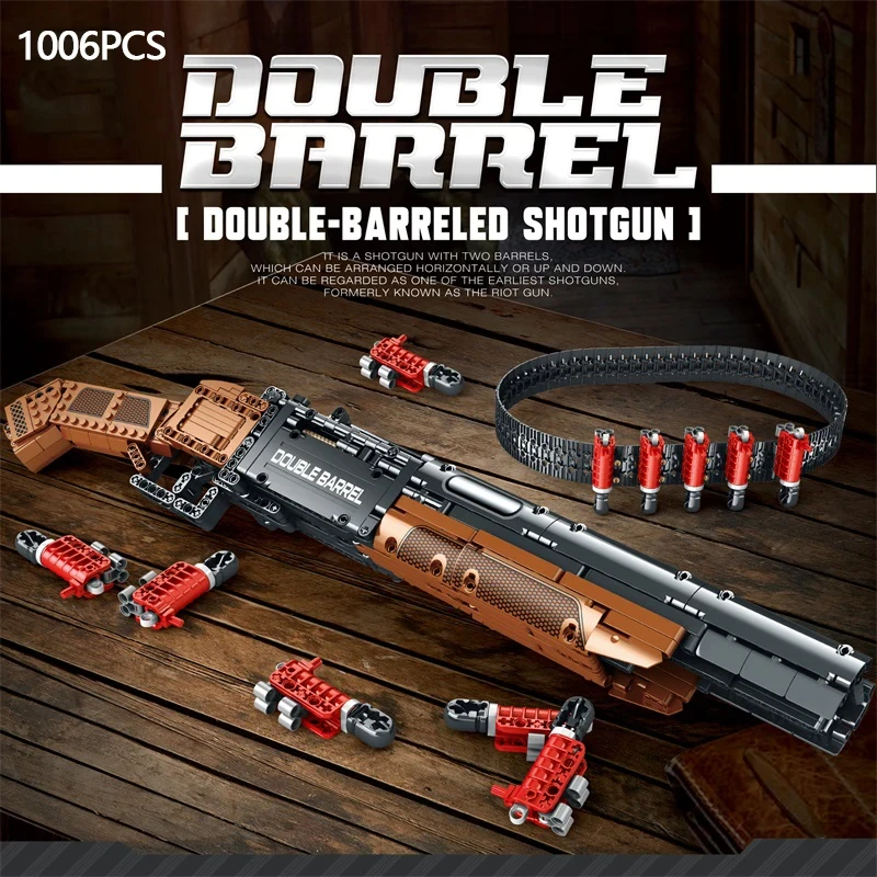 1006PCS Double Barrel Shotgun Weapon Model Building Blocks Military Classic Gun With Bullet Belt Bricks Toy Kids Adult For Gifts