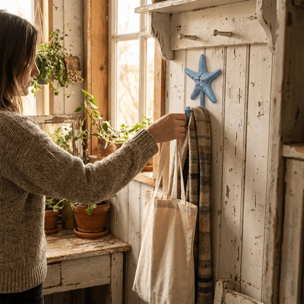 

Starfish Shape Cast Iron Hook Ocean Blue Finish Gold Brushed Details Key Hanger Sturdy Cast Iron Vintage Rustic