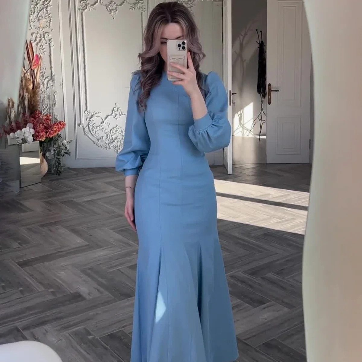 

Women Dress Long Dresses A Line Vestidos Round Neck Full Sleeve Slim Fit Tight Waist Elegant Splice Temperament Summer