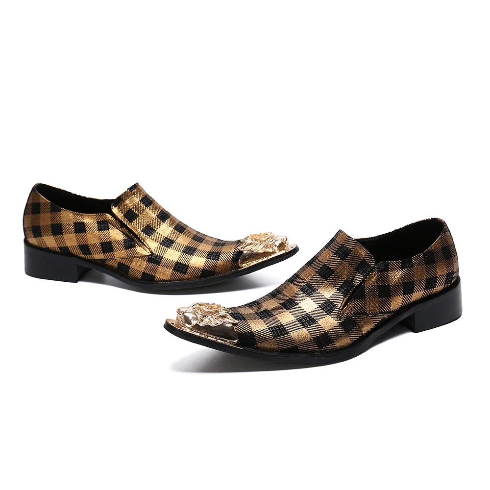 2023 Elegant Plaid Pointed Toe Dress Shoes Social Luxury Big Size Stage Prom Shoes Fashion Real Leather Male Banquet Shoes