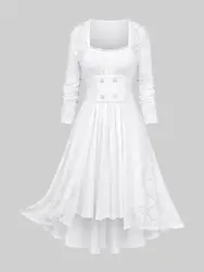 ROSEGAL Plus Size Ruched Lace Trim Hollow Out Textured Faux Pearl Buttons High Low 2 In 1 Dress White Square Collar Midi Dresses