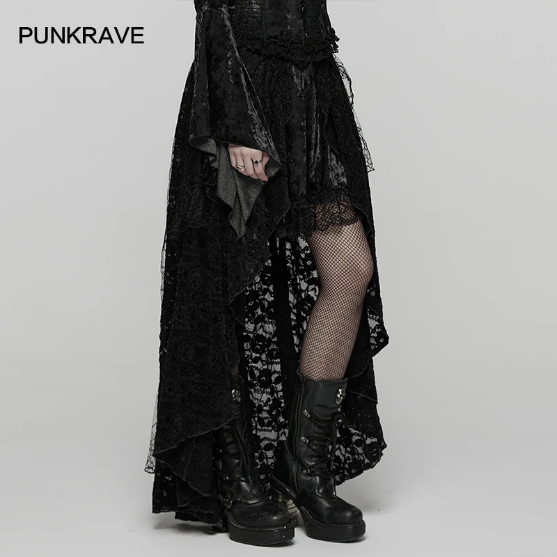 PUNK RAVE Women's Gothic Beauty 3D Lace High-low Design Tie-dyed Velvet Skirt Sexy Pleated Half Skirts Two Colors Women Clothing