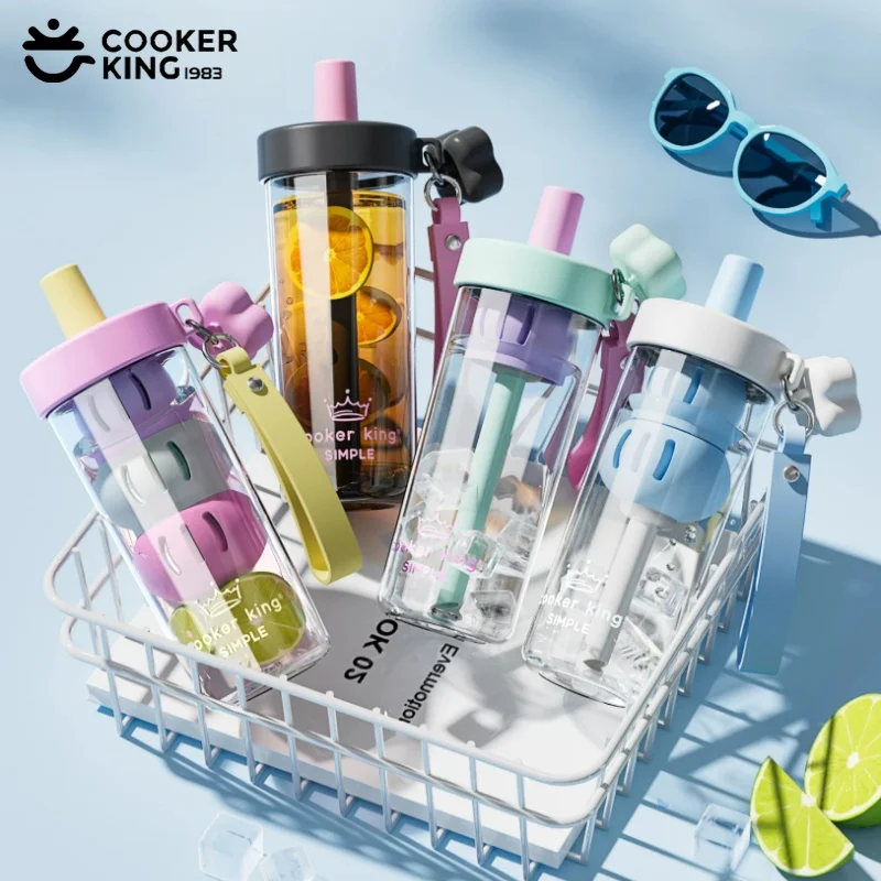 COOKER KING Tritan Straw Water Cup Leak-proof Fruit Tea Cups with Spherical Tea Infuser Summer Cold Drink Plastic Mug for Travel