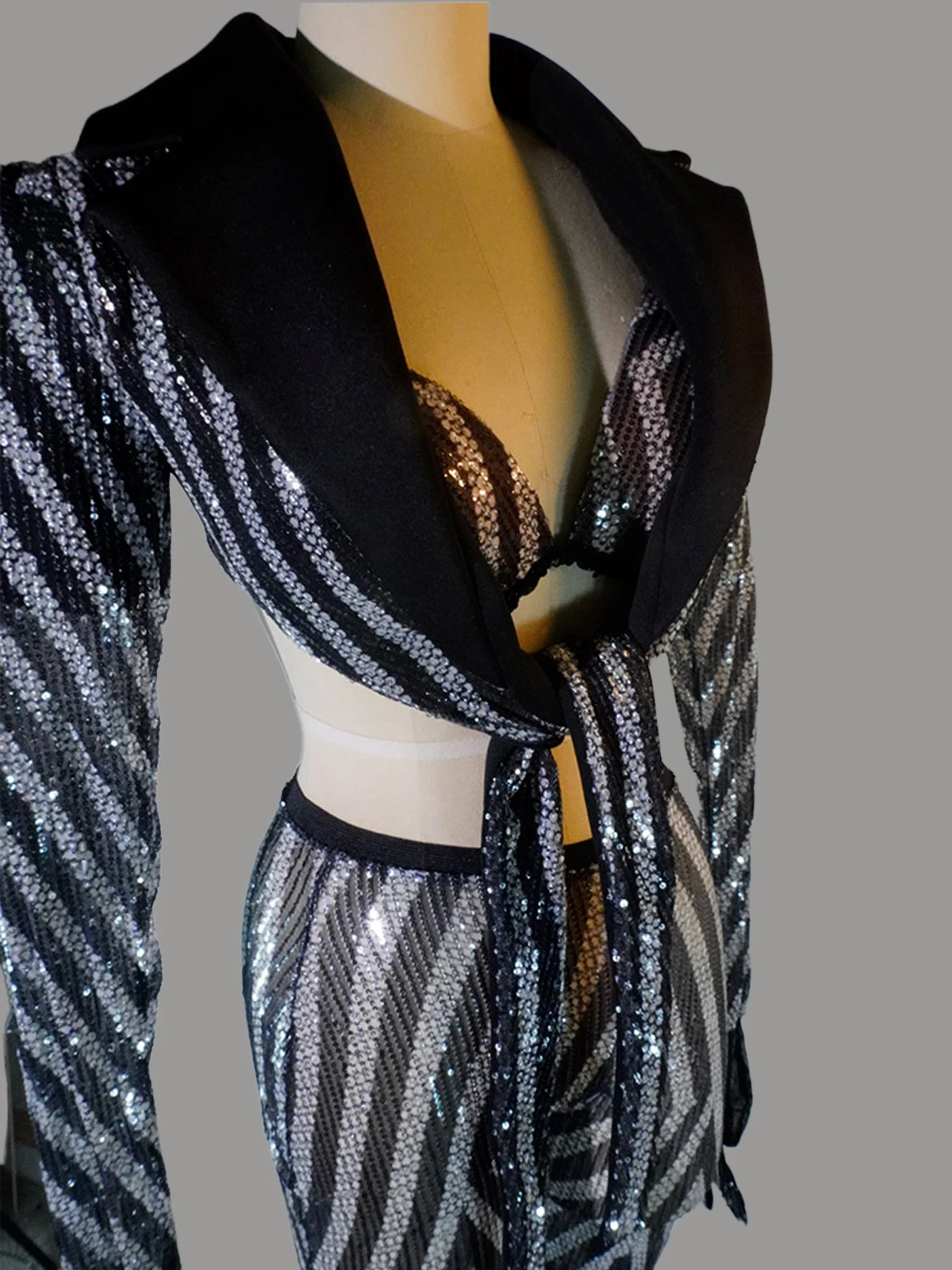 ثلاث قطع الترتر انظر من خلال مجموعات معطف وبنطلون مثير الهذيان ملهى ليلي بدلة حفلة رقص الجاز مرحلة ارتداء سحب الملكة ازياء