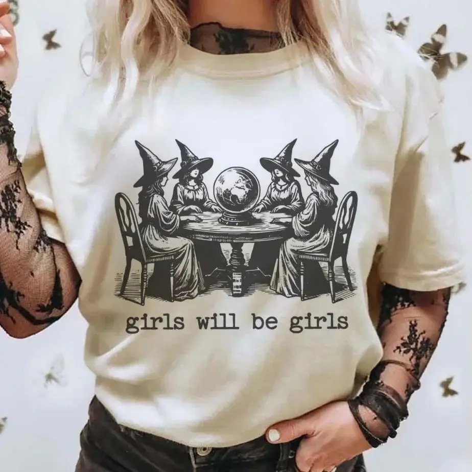 

Girls Will Be Girls Witches loween Women's T-irt Cleanfit Sle A-line Sve Other Material 00% Linen Fabric Ladies' C...