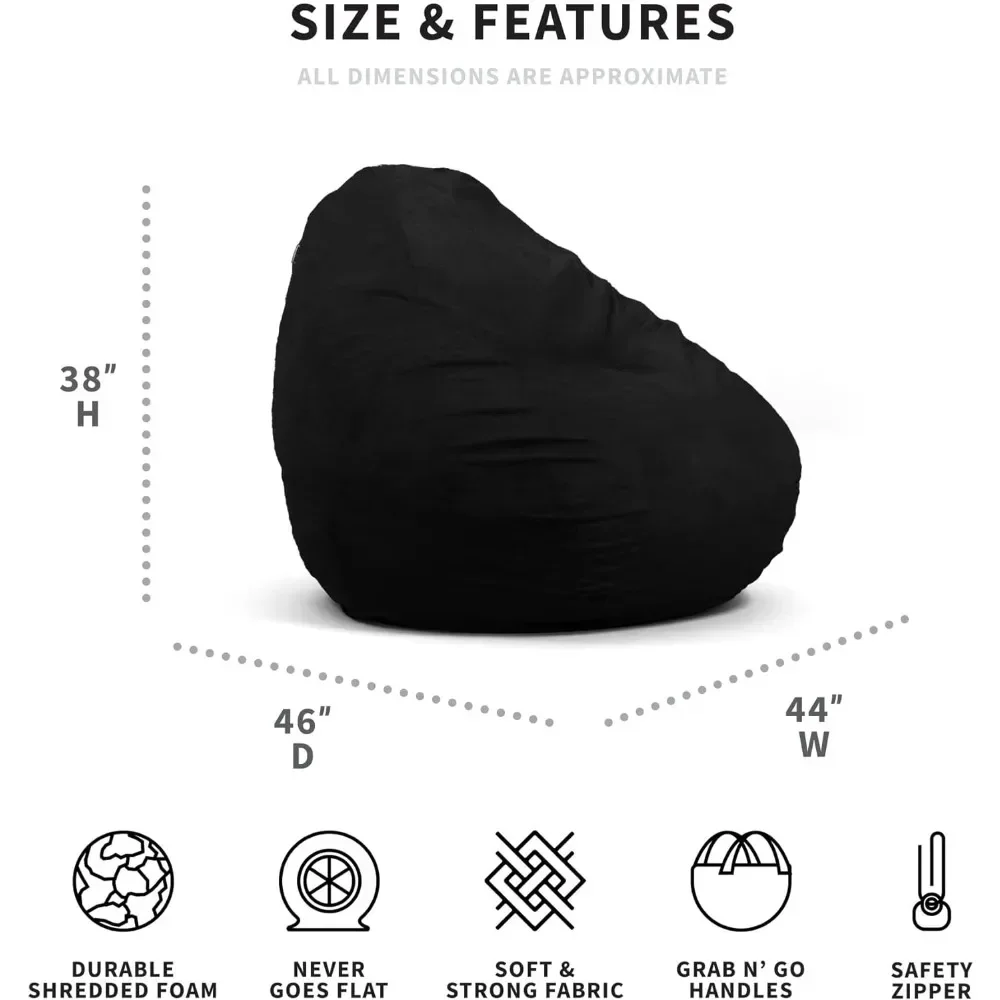 Beanbag sofa, foam filled teardrop beanbag chair, with removable cover, black plush, soft polyester, 4ft beanbag sofa