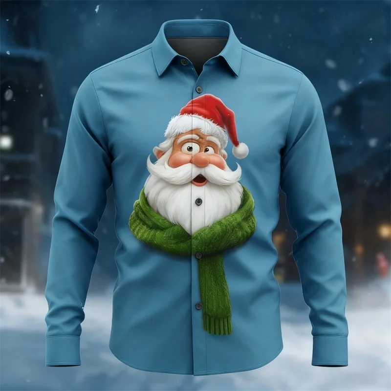 قميص مريح بأكمام طويلة للرجال من سانتا كلوز لعيد الميلاد، تصميم بياقة سفلية، قميص كاجوال للحفلات الخارجية والعطلات #1
