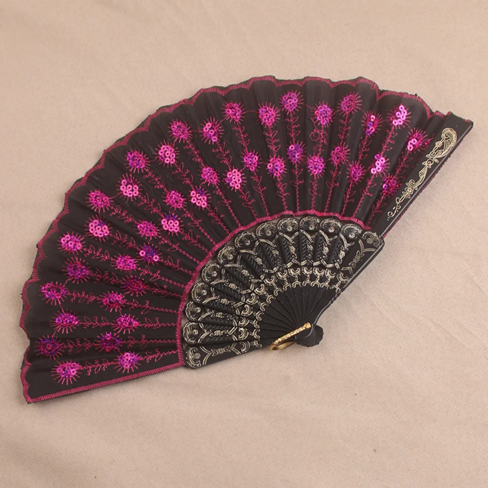 Chinese Folding Fan Sequin Embroidery Peacock Pattern Handheld Fan For Belly Dance Performance Wedding Party Decor Elegant